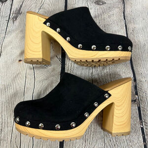 Sun & Stone Taanyaf Silver Studded Clogs Wood Sole Faux Suede Black NEW